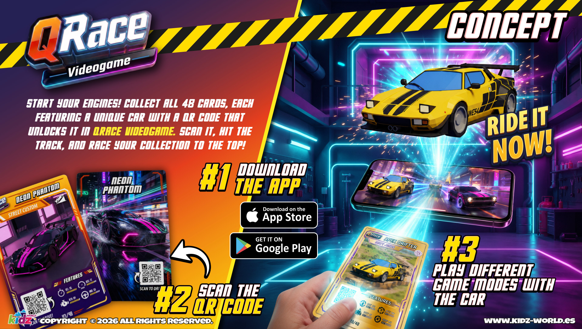 QRace card, phone scan and videogame race sequence
